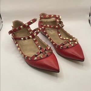 Valentino Red Studded Flats with Pointed Toe - Red - 37.5 or 6.5